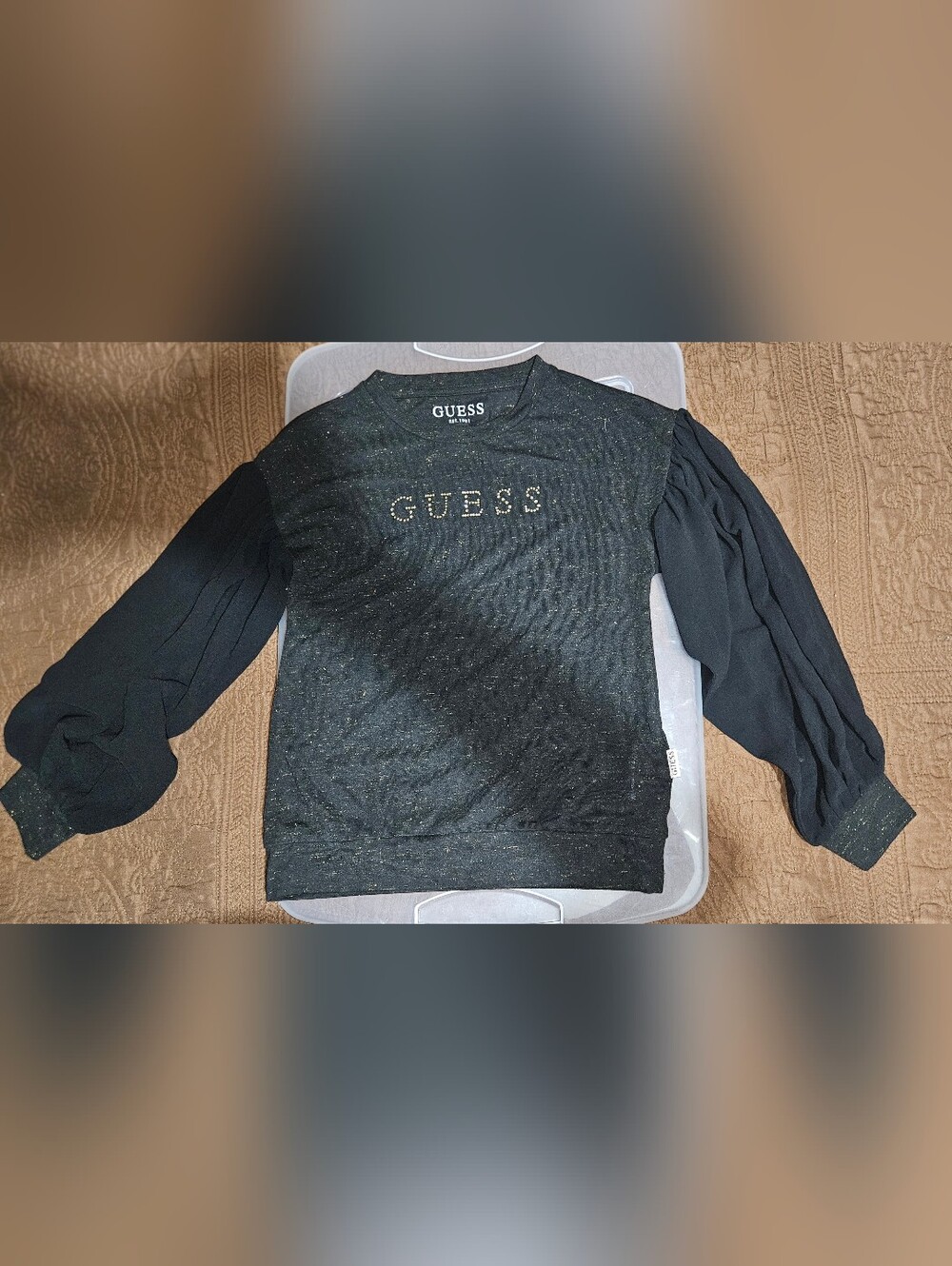 GUESS Black Shimmer Logo Puff Sleeve Top Sz 8 Girls